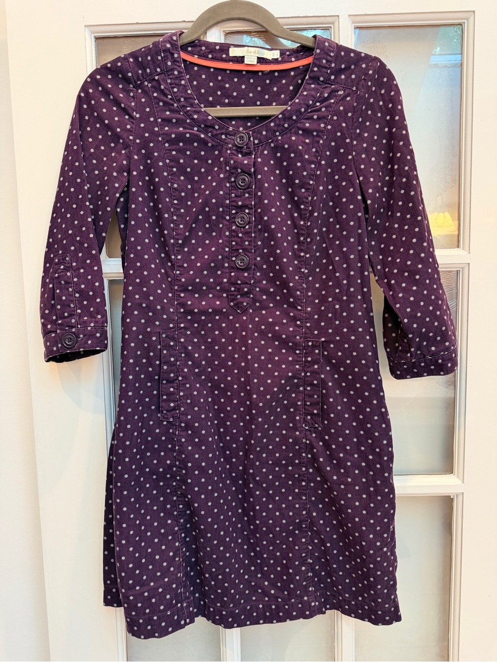 Vintage Boden Dark Purple Polka Dot Button-Front Corduroy Shift Dress Size 2 US